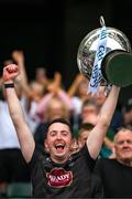 2 June 2024; Kildare goalkeeper Paddy McKenna lifts the cup after the Christy Ring Cup final match between Kildare and Derry at Croke Park in Dublin. Photo by Ray McManus/Sportsfile