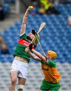 2 June 2024; Shane Boland of Mayo is tackled by Ciaran Curran of Donegal during the Nickey Rackard Cup final match between Donegal and Mayo at Croke Park in Dublin. Photo by Ray McManus/Sportsfile