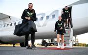 2 June 2024; Republic of Ireland's Abbie Larkin, left, Jess Ziu and Lucy Quinn, right, at Bromma Stockholm Airport on the team's arrival in Sweden for their 2025 UEFA Women's European Championship Qualifier match on Tuesday. Photo by Stephen McCarthy/Sportsfile