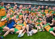 2 June 2024; Donegal players and officials celebrate after the Nickey Rackard Cup final match between Donegal and Mayo at Croke Park in Dublin. Photo by Ray McManus/Sportsfile