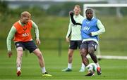 3 June 2024; Michael Obafemi, right, and Liam Scales during a Republic of Ireland training session at the FAI National Training Centre in Abbotstown, Dublin. Photo by Brendan Moran/Sportsfile