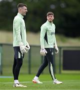 3 June 2024; Goalkeepers David Harrington, left, and Josh Keeley during a Republic of Ireland training session at the FAI National Training Centre in Abbotstown, Dublin. Photo by Brendan Moran/Sportsfile