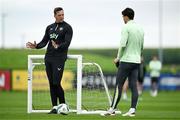 3 June 2024; Goalkeeping coach Rene Gilmartin, left, with Max O'Leary during a Republic of Ireland training session at the FAI National Training Centre in Abbotstown, Dublin. Photo by Brendan Moran/Sportsfile