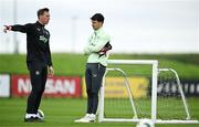 3 June 2024; Goalkeeping coach Rene Gilmartin, left, with Max O'Leary during a Republic of Ireland training session at the FAI National Training Centre in Abbotstown, Dublin. Photo by Brendan Moran/Sportsfile