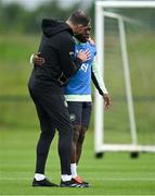 3 June 2024; Interim head coach John O'Shea, left, with Michael Obafemi during a Republic of Ireland training session at the FAI National Training Centre in Abbotstown, Dublin. Photo by Brendan Moran/Sportsfile