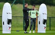 3 June 2024; Goalkeeping coach Rene Gilmartin with Max O'Leary during a Republic of Ireland training session at the FAI National Training Centre in Abbotstown, Dublin. Photo by Brendan Moran/Sportsfile