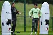 3 June 2024; Goalkeeping coach Rene Gilmartin with Max O'Leary during a Republic of Ireland training session at the FAI National Training Centre in Abbotstown, Dublin. Photo by Brendan Moran/Sportsfile