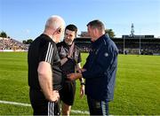 1 June 2024; Offaly manager Leo O'Connor, left, Tipperary manager Brendan Cummins and referee Seán Stack before the oneills.com GAA Hurling All-Ireland U20 Championship final match between Offaly and Tipperary at UPMC Nowlan Park in Kilkenny. Photo by Ray McManus/Sportsfile