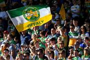 1 June 2024; An Offaly flag is flown by a supporter during the oneills.com GAA Hurling All-Ireland U20 Championship final match between Offaly and Tipperary at UPMC Nowlan Park in Kilkenny. Photo by Ray McManus/Sportsfile