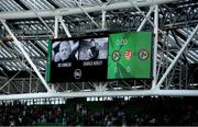 4 June 2024; Images of the late former Republic of Ireland internationals Joe Kinnear and Charlie Hurley are seen on the big screen before the international friendly match between Republic of Ireland and Hungary at Aviva Stadium in Dublin. Photo by Michael P Ryan/Sportsfile