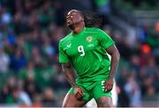 4 June 2024; Michael Obafemi of Republic of Ireland reacts after a missed opportunity on goal during the international friendly match between Republic of Ireland and Hungary at Aviva Stadium in Dublin. Photo by Tyler Miller/Sportsfile