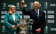 6 June 2024; Former Finn Harps player Jim Sheridan reacts as he draws Shamrock Rovers to play Bohemians alongside Sports Direct head of marketing Ciara Murray during the Sports Direct Men's FAI Cup Second Round draw at FAI Headquarters in Abbotstown, Dublin. Photo by Harry Murphy/Sportsfile