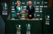 6 June 2024; Sports Direct head of marketing Ciara Murray draws Bohemians alongside Former Finn Harps player Jim Sheridan during the Sports Direct Men's FAI Cup Second Round draw at FAI Headquarters in Abbotstown, Dublin. Photo by Harry Murphy/Sportsfile