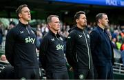 4 June 2024; Republic of Ireland staff, from left, Republic of Ireland goalkeeping coach Rene Gilmartin, Republic of Ireland assistant coach Glenn Whelan, Assistant coach Paddy McCarthy and Republic of Ireland interim head coach John O'Shea before the international friendly match between Republic of Ireland and Hungary at Aviva Stadium in Dublin. Photo by Ramsey Cardy/Sportsfile