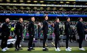 4 June 2024; Republic of Ireland staff, from left, Kit and equipment manager Karl McKenna, Lead physiotherapist Danny Miller, head of athletic performance Damien Doyle, goalkeeping coach Rene Gilmartin, assistant coach Glenn Whelan, assistant coach Paddy McCarthy and  interim head coach John O'Shea before the international friendly match between Republic of Ireland and Hungary at Aviva Stadium in Dublin. Photo by Ramsey Cardy/Sportsfile