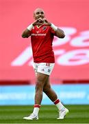 7 June 2024; Simon Zebo of Munster celebrates after scoring his side's first try during the United Rugby Championship quarter-final match between Munster and Ospreys at Thomond Park in Limerick. Photo by Harry Murphy/Sportsfile