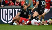 7 June 2024; Simon Zebo of Munster scores his side's first try during the United Rugby Championship quarter-final match between Munster and Ospreys at Thomond Park in Limerick. Photo by Brendan Moran/Sportsfile