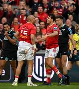 7 June 2024; Simon Zebo of Munster, left, celebrates with teammate Antoine Frisch after scoring their side's first try during the United Rugby Championship quarter-final match between Munster and Ospreys at Thomond Park in Limerick. Photo by Brendan Moran/Sportsfile