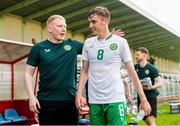 7 June 2024; Matt Healy of Republic of Ireland, right, is congratulated by Republic of Ireland sports scientist Adam Fox after the U21 international friendly match between Croatia and Republic of Ireland at Gradski Stadion in Zagreb, Croatia. Photo by Vid Ponikvar/Sportsfile