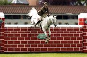 7 August 2004; Ireland's Caotian David O'Brien on Cruisehill jumps the wall during the Land Rover Puissance. Dublin Horse Show, Main Arena, RDS, Dublin. Picture credit; Matt Browne / SPORTSFILE