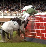 7 August 2004; England's Richard Davenport on Cheers Cassini refueses to jumps the wall during the Land Rover Puissance. Dublin Horse Show, Main Arena, RDS, Dublin. Picture credit; Matt Browne / SPORTSFILE