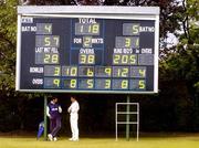 8 August 2004; Ireland captain Jason Molins, left, and team-mate Andrew White take shelter under the scoreboard during a shower. ICC Inter Continental Cup, European Group Match, Ireland v Scotland, Clontarf Cricket Club, Clontarf, Dublin. Picture credit; Brian Lawless / SPORTSFILE