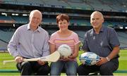 19 September 2013; Highlighting the message that Age-related Macular Degeneration (AMD) affects 1 in 10 Irish people over the age of 50, noted sporting personalities, most of whom have played a ‘number 10’ position across a range of sports, came together to launch AMD Awareness Week at Croke Park Stadium. AMD Awareness Week runs from 23rd- 29th of September to promote early detection of the signs of the eye condition AMD, the most common cause of registered blindness in Ireland. For further information visit www.amd.ie. Pictured are former Dublin footballer Barney Rock, left, former Monaghan ladies footballer Brenda McAnespie and former Irish rugby player Tony Ward. Croke Park, Dublin. Picture credit: Barry Cregg / SPORTSFILE