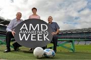 19 September 2013; Highlighting the message that Age-related Macular Degeneration (AMD) affects 1 in 10 Irish people over the age of 50, noted sporting personalities, most of whom have played a ‘number 10’ position across a range of sports, came together to launch AMD Awareness Week at Croke Park Stadium. AMD Awareness Week runs from 23rd- 29th of September to promote early detection of the signs of the eye condition AMD, the most common cause of registered blindness in Ireland. For further information visit www.amd.ie. Pictured are former Dublin footballer Barney Rock, left, former Monaghan ladies footballer Brenda McAnespie and former Irish rugby player Tony Ward. Croke Park, Dublin. Picture credit: Barry Cregg / SPORTSFILE