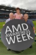 19 September 2013; Highlighting the message that Age-related Macular Degeneration (AMD) affects 1 in 10 Irish people over the age of 50, noted sporting personalities, most of whom have played a ‘number 10’ position across a range of sports, came together to launch AMD Awareness Week at Croke Park Stadium. AMD Awareness Week runs from 23rd- 29th of September to promote early detection of the signs of the eye condition AMD, the most common cause of registered blindness in Ireland. For further information visit www.amd.ie. Pictured are former Dublin footballer Barney Rock, left, former Monaghan ladies footballer Brenda McAnespie and former Irish rugby player Tony Ward. Croke Park, Dublin. Picture credit: Barry Cregg / SPORTSFILE