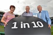 19 September 2013; Highlighting the message that Age-related Macular Degeneration (AMD) affects 1 in 10 Irish people over the age of 50, noted sporting personalities, most of whom have played a ‘number 10’ position across a range of sports, came together to launch AMD Awareness Week at Croke Park Stadium. AMD Awareness Week runs from 23rd- 29th of September to promote early detection of the signs of the eye condition AMD, the most common cause of registered blindness in Ireland. For further information visit www.amd.ie. Pictured are former Dublin footballer Barney Rock, left, former Monaghan ladies footballer Brenda McAnespie and former Bohemian FC player Turlough O'Connor. Croke Park, Dublin. Picture credit: Barry Cregg / SPORTSFILE