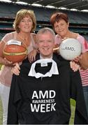 19 September 2013; Highlighting the message that Age-related Macular Degeneration (AMD) affects 1 in 10 Irish people over the age of 50, noted sporting personalities, most of whom have played a ‘number 10’ position across a range of sports, came together to launch AMD Awareness Week at Croke Park Stadium. AMD Awareness Week runs from 23rd- 29th of September to promote early detection of the signs of the eye condition AMD, the most common cause of registered blindness in Ireland. For further information visit www.amd.ie. Pictured are former International baskebell player Carol Chubb, left, Irish Wheelchair basketball league referee Eddie Guilmartin and former Monaghan ladies footballer Brenda McAnespie. Croke Park, Dublin. Picture credit: Barry Cregg / SPORTSFILE