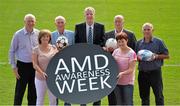 19 September 2013; Highlighting the message that Age-related Macular Degeneration (AMD) affects 1 in 10 Irish people over the age of 50, noted sporting personalities, most of whom have played a ‘number 10’ position across a range of sports, came together to launch AMD Awareness Week at Croke Park Stadium. AMD Awareness Week runs from 23rd- 29th of September to promote early detection of the signs of the eye condition AMD, the most common cause of registered blindness in Ireland. For further information visit www.amd.ie. Pictured are formerDublin footballer Barney Rock, left, Carol Chubb, former Irish international basketball player, former Bohemian FC player Turlough O'Connor, Eddie Guilmartin, Irish Wheelchair basketball league referee, Dr. David Hickey, Dublin GAA selector, former Monaghan ladies footballer Brenda McAnespie and former Irish rugby player Tony Ward. Croke Park, Dublin. Picture credit: Barry Cregg / SPORTSFILE