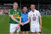 14 September 2013; Team captains Brendan O'Leary, Kerry, and Mark Delaney, Kildare, shake hands in the company of referee Fergal Horgan. Bord Gáis Energy GAA Hurling Under 21 All-Ireland 'B' Championship Final, Kerry v Kildare, Semple Stadium, Thurles, Co. Tipperary. Picture credit: Brendan Moran / SPORTSFILE