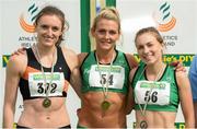 27 July 2013; Kelly Proper, centre, Ferrybank A.C., Co. Waterford, who won gold, silver medallist Niamh Whelan,  Ferrybank A.C., Co. Waterford, right, and bronze medallist Leah Moore, Clonliffe Harriers A.C., Dublin, on the podium after the Women's 200m at the Woodie’s DIY National Senior Track and Field Championships. Morton Stadium, Santry, Co. Dublin. Picture credit: Matt Browne / SPORTSFILE