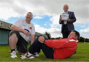 19 September 2013; The FAI have launched the Airtricity fans biggest winner 2013 competition in aid of the John Giles Foundation. At the launch is John Giles with participants Dundalk supporter Wayne McCrink, left, and Shelbourne supporter Johnny 'Vegas' Watson. FAI Headquarters, Abbotstown, Dublin. Picture credit: Brian Lawless / SPORTSFILE