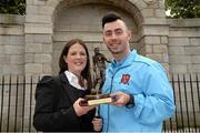 19 September 2013; Richie Towell, Dundalk FC, is presented with the Airtricity / SWAI Player of the Month Award for August 2013 by Jillian Saunders, from Airtricity. Merrion Square, Dublin. Picture credit: Ray McManus / SPORTSFILE