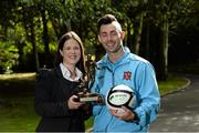 19 September 2013; Richie Towell, Dundalk FC, is presented with the Airtricity / SWAI Player of the Month Award for August 2013 by Jillian Saunders, from Airtricity. Merrion Square, Dublin. Picture credit: Ray McManus / SPORTSFILE