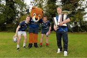 19 September 2013; Pictured at the official launch of Leinster Rugby’s Bank of Ireland Treble Trophy Tour at Newbridge Post Primary School, Co. Kildare, are, from left, Luke Doran, DJ Brannock and Leinster academy player and local Newbridge lad, James Tracy. Schools interested in turning their school Leinster Blue and receiving a visit from the treble trophies, the Amlin Challenge Cup, RaboDirect PRO12, British and Irish Cup should email - trophy@leinsterrugby.ie. Supported by Bank of Ireland, Newbridge Post Primary School, was the first school to receive the three trophies on their provincial tour which continues throughout the school year. Leinster fans can keep up to date by following @leinstertrophytour on Twitter or at www.Facebook.com/leinsterrugbytrophytour! Newbridge Post Primary School, Newbridge, Co. Kildare. Picture credit: Barry Cregg / SPORTSFILE