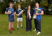 19 September 2013; Pictured at the official launch of Leinster Rugby’s Bank of Ireland Treble Trophy Tour at Newbridge Post Primary School, Co. Kildare, are DJ Brannock, left, Luke Doran, Sinéad Jacob, Student Officer Bank Of Ireland Newbridge, and Leinster academy player and local Newbridge lad, James Tracy. Schools interested in turning their school Leinster Blue and receiving a visit from the treble trophies, the Amlin Challenge Cup, RaboDirect PRO12, British and Irish Cup should email - trophy@leinsterrugby.ie. Supported by Bank of Ireland, Newbridge Post Primary School, was the first school to receive the three trophies on their provincial tour which continues throughout the school year. Leinster fans can keep up to date by following @leinstertrophytour on Twitter or at www.Facebook.com/leinsterrugbytrophytour!  ! Newbridge Post Primary School, Newbridge, Co. Kildare. Picture credit: Barry Cregg / SPORTSFILE