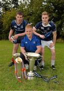 19 September 2013; Pictured at the official launch of Leinster Rugby’s Bank of Ireland Treble Trophy Tour at Newbridge Post Primary School, Co. Kildare, are DJ Brannock, left, and Luke Doran with Leinster academy player and local Newbridge lad, James Tracy. Schools interested in turning their school Leinster Blue and receiving a visit from the treble trophies, the Amlin Challenge Cup, RaboDirect PRO12, British and Irish Cup should email - trophy@leinsterrugby.ie. Supported by Bank of Ireland, Newbridge Post Primary School, was the first school to receive the three trophies on their provincial tour which continues throughout the school year. Leinster fans can keep up to date by following @leinstertrophytour on Twitter or at www.Facebook.com/leinsterrugbytrophytour! Newbridge Post Primary School, Newbridge, Co. Kildare. Picture credit: Barry Cregg / SPORTSFILE