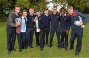 19 September 2013; Pictured at the official launch of Leinster Rugby’s Bank of Ireland Treble Trophy Tour at Newbridge Post Primary School, Co. Kildare, are, from left, Steven Creton, Liam Gaffney, Caimin Hill, Gary Maguire, Wayne Kerr, Matthew Betts- Symonds, Mark Collins and Ryan Huntley. Schools interested in turning their school Leinster Blue and receiving a visit from the treble trophies, the Amlin Challenge Cup, RaboDirect PRO12, British and Irish Cup should email - trophy@leinsterrugby.ie. Supported by Bank of Ireland, Newbridge Post Primary School, was the first school to receive the three trophies on their provincial tour which continues throughout the school year. Leinster fans can keep up to date by following @leinstertrophytour on Twitter or at www.Facebook.com/leinsterrugbytrophytour! Newbridge Post Primary School, Newbridge, Co. Kildare. Picture credit: Barry Cregg / SPORTSFILE