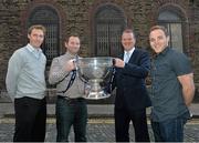 19 September 2013; Fermanagh footballer Tommy McElroy, left, and Kerry footballer Darran O’Sullivan,right,  pictured with Ronan Moran, Dublin Area Manager from Ulster Bank, and Newstalk 106-108 fm’s Off the Ball presenter, Ger Gilroy, with the Sam Maguire cup  in advance of the live broadcast of Ireland’s most popular sports radio show ‘Off the Ball’ at Vicar Street, Dublin on Thursday 19th September. The ‘Off The Ball Roadshow with Ulster Bank’, which has already been to Donegal, Kerry, Mayo and Cork will give GAA fans the opportunity to experience the multi award-winning show, where they will broadcast live from GAA haunts and clubs across the country. As part of their sponsorship of the GAA Football All-Ireland Senior Championship, Ulster Bank is, once again, giving GAA clubs across the country the opportunity to win support packages for their clubs. Ulster Bank GAA Force gives GAA clubs the opportunity to refurbish and upgrade their facilities, where one lucky GAA club will receive the top award of a support package worth €25,000. Four runners-up (one from each province) will also receive a support package worth €5,000. GAA clubs can enter Ulster Bank GAA Force at www.ulsterbank.com/gaa until Friday 20th September. Vicar Street, Dublin. Picture credit: Matt Browne / SPORTSFILE