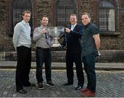 19 September 2013; Fermanagh footballer Tommy McElroy, left, and Kerry footballer Darran O’Sullivan,right,  pictured with Ronan Moran, Dublin Area Manager from Ulster Bank, and Newstalk 106-108 fm’s Off the Ball presenter, Ger Gilroy, with the Sam Maguire cup  in advance of the live broadcast of Ireland’s most popular sports radio show ‘Off the Ball’ at Vicar Street, Dublin on Thursday 19th September. The ‘Off The Ball Roadshow with Ulster Bank’, which has already been to Donegal, Kerry, Mayo and Cork will give GAA fans the opportunity to experience the multi award-winning show, where they will broadcast live from GAA haunts and clubs across the country. As part of their sponsorship of the GAA Football All-Ireland Senior Championship, Ulster Bank is, once again, giving GAA clubs across the country the opportunity to win support packages for their clubs. Ulster Bank GAA Force gives GAA clubs the opportunity to refurbish and upgrade their facilities, where one lucky GAA club will receive the top award of a support package worth €25,000. Four runners-up (one from each province) will also receive a support package worth €5,000. GAA clubs can enter Ulster Bank GAA Force at www.ulsterbank.com/gaa until Friday 20th September. Vicar Street, Dublin. Picture credit: Matt Browne / SPORTSFILE