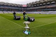 20 September 2013; The Sam Maguire cup sits proud as Croke Park pitch manager Stuart Wilson, right, and groundsman Padhraic Greene cut the pitch ahead of the GAA Football All-Ireland Senior Championship Final between Dublin and Mayo on Sunday. Croke Park, Dublin. Picture credit: Ray McManus / SPORTSFILE