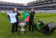 20 September 2013; Croke Park pitch manager Stuart Wilson, left, and groundsman Padhraic Greene with Dublin and Mayo jerseys and the Sam Maguire cup after cutting the pitch ahead of the GAA Football All-Ireland Senior Championship Final between Dublin and Mayo on Sunday. Croke Park, Dublin. Picture credit: Ray McManus / SPORTSFILE