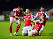 20 September 2013; Daryl Kavanagh, St Patrick’s Athletic, is congratulated by team-mates Killian Brennan, left, John Russell, and Kenny Browne, right, after scoring his side's second goal. Airtricity League Premier Division, St. Patrick’s Athletic v Dundalk, Richmond Park, Dublin. Photo by Sportsfile
