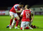 20 September 2013; Daryl Kavanagh, St Patrick’s Athletic, is congratulated by team-mates Killian Brennan, left, and John Russell, after scoring his side's second goal. Airtricity League Premier Division, St. Patrick’s Athletic v Dundalk, Richmond Park, Dublin. Photo by Sportsfile