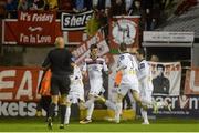 20 September 2013; Daniel Corcoran, left, Bohemians, celebrates with team-mates after scoring his side's first goal. Airtricity League Premier Division, Shelbourne v Bohemians, Tolka Park, Dublin. Picture credit: Brian Lawless / SPORTSFILE