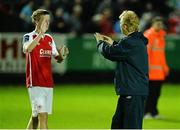 20 September 2013; St Patrick’s Athletic manager Liam Buckley celebrates with Chris Forrester at the end of the game. Airtricity League Premier Division, St. Patrick’s Athletic v Dundalk, Richmond Park, Dublin. Picture credit: David Maher / SPORTSFILE