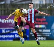 7 June 2024; Evan Weir of Drogheda United in action against Jamie Lennon of St Patrick's Athletic during the SSE Airtricity Men's Premier Division match between Drogheda United and St Patrick's Athletic at Weavers Park in Drogheda, Louth. Photo by Shauna Clinton/Sportsfile